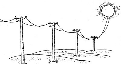 Karikatur: Stromkabel führen aus der Sonne heraus zu Strommasten